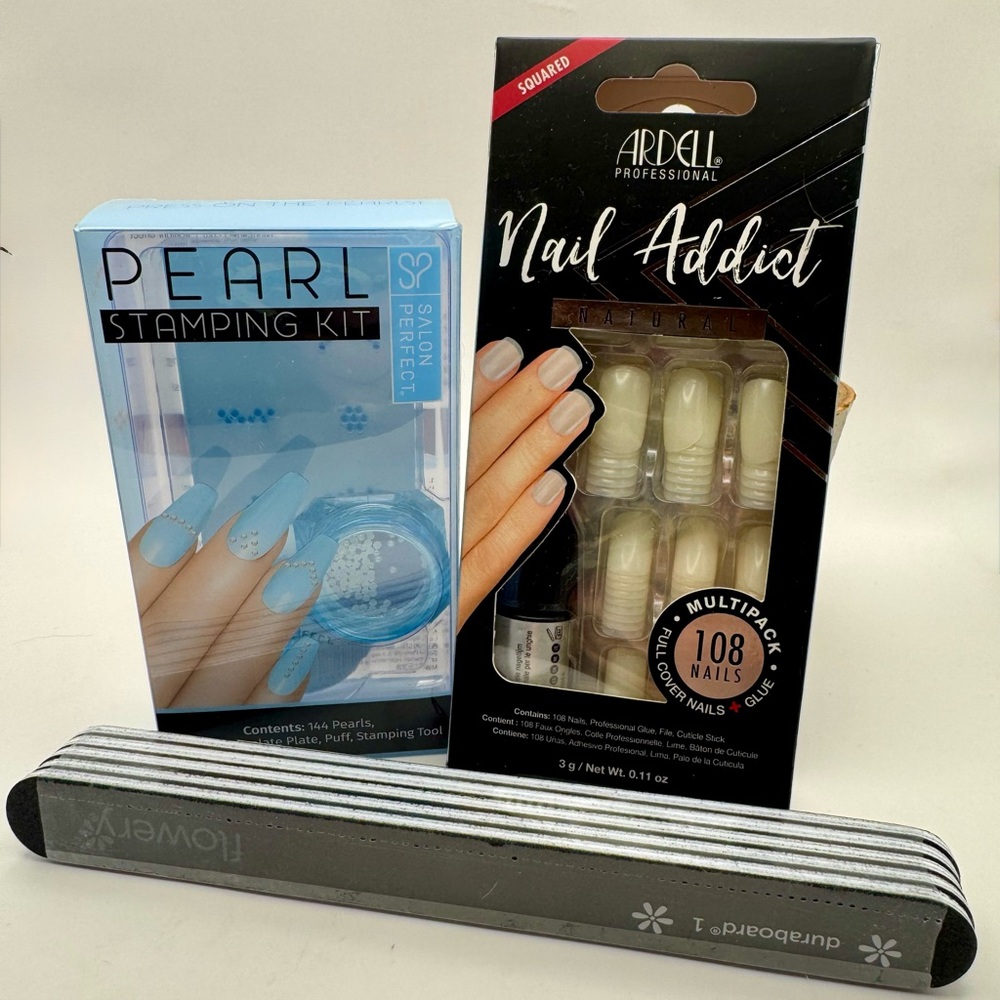 Nail Bundle - Pearl Stamping Kit, Ardell Nail Addict Nails Set, 5 Filing Boards
